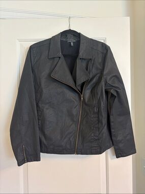 Eileen Fisher Black Leather Asymmetrical Zip Moto Jacket